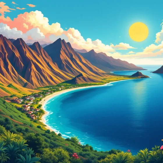 Aquarelle de la baie de Taiohae et du mont Muake, à Nuku Hiva