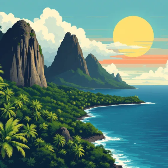 Aquarelle des pitons basaltiques de Ua Pou vus de Hakahau